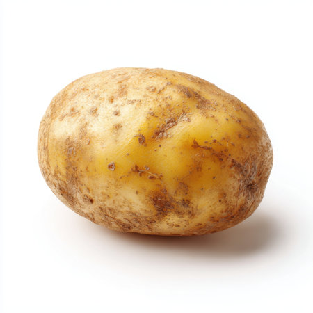 A solitary fresh organic potato sits on a white background, showcasing its rustic charm and earthy texture, perfect for healthy meal preparations.の素材