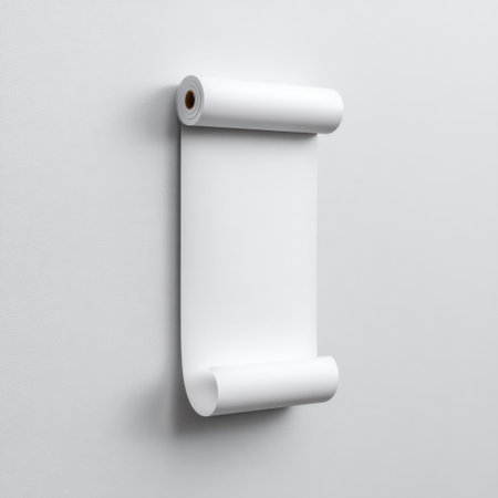 A minimalist and clean image featuring a white paper roll gracefully positioned against a smooth background. Ideal for creative projects, designs, or stationery concepts.の素材