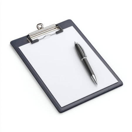 A blank clipboard with an empty sheet of paper and a sleek black pen symbolizes organization and creativity in professional settings. Ideal for office use.の素材