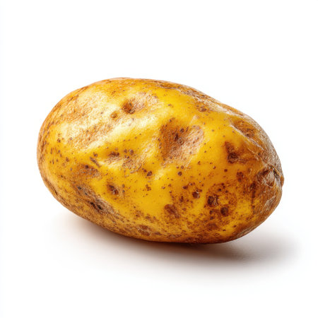 This image features a freshly harvested yellow potato isolated on a clean white background, perfect for culinary and cooking purposes.の素材