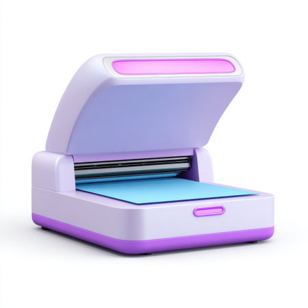 This modern compact scanner features a vibrant design and sleek aesthetic, perfect for enhancing your home office setup while improving productivity.の素材