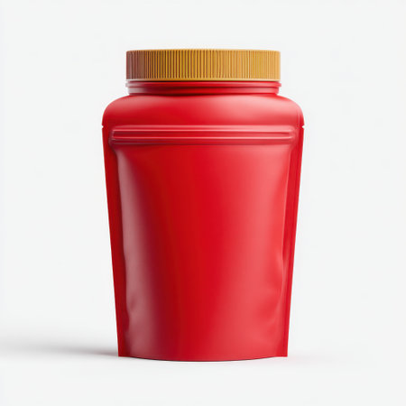 A vibrant red condiment bottle with a golden cap, designed for sauces like ketchup, ideal for use in food photography, packaging, and culinary arts.の素材