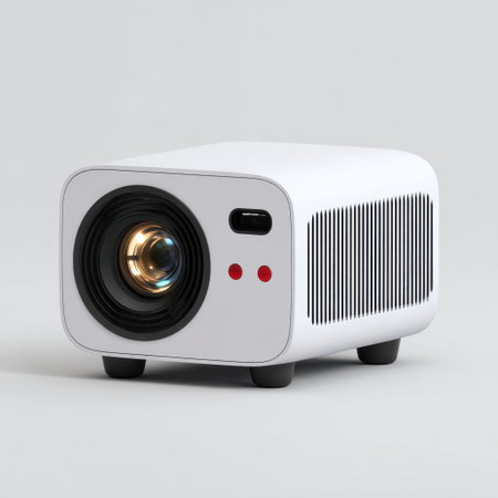 This stylish mini projector offers high-definition image quality for both entertainment and business needs, perfect for home or office use.の素材