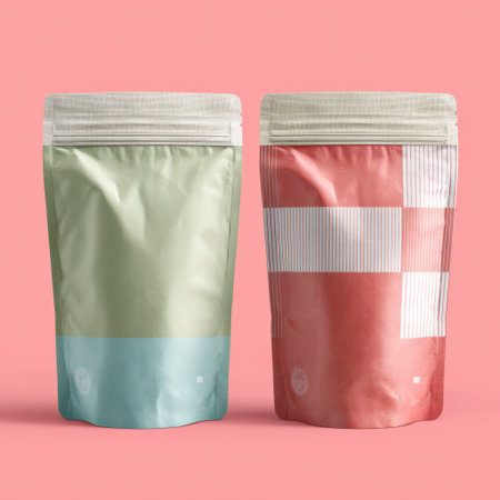 This image showcases two stylish, colorful packaging pouches set against a bright pink background, ideal for product marketing and branding visuals.の素材