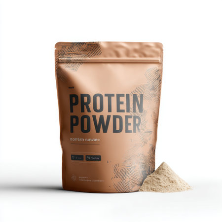 This stock photo showcases a sleek protein powder bag featuring natural ingredients and clear nutritional information, perfect for fitness and wellness enthusiasts.の素材