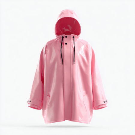 This bright pink rain jacket combines style and functionality, making it a perfect choice for outdoor adventures in rainy weather.の素材