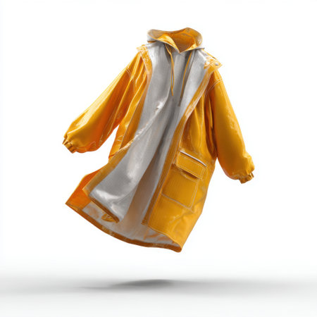 This vibrant yellow waterproof rain jacket features reflective accents for safety and style, perfect for outdoor activities and unpredictable weather.の素材