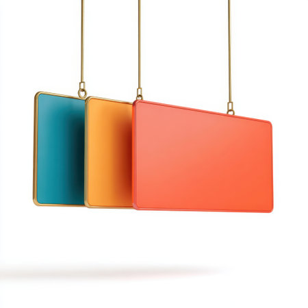 A visually striking image of colorful hanging rectangles with gold frames, perfect for creative projects, marketing materials, and modern design needs.の素材