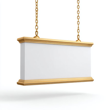 This image features a blank white sign with elegant gold accents, suspended by chains, ideal for customizable advertising or promotional messages.の素材