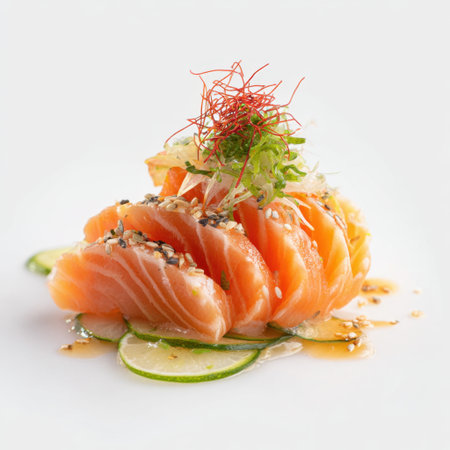 A beautifully arranged plate of fresh salmon sashimi, garnished with herbs and lime slices, showcasing vibrant colors and elegant presentation.の素材