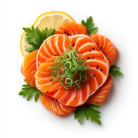 This image showcases beautifully arranged fresh salmon sashimi on a white plate, garnished with green onions and lemon slices, perfect for culinary presentations.の素材