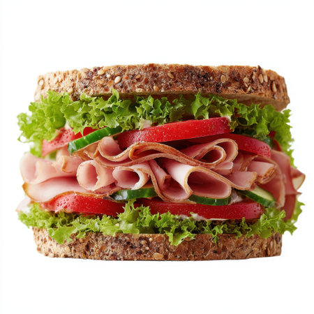 A beautifully arranged sandwich showcasing layers of leafy lettuce, fresh tomatoes, crunchy cucumbers, and savory ham, all nestled in whole grain bread.の素材