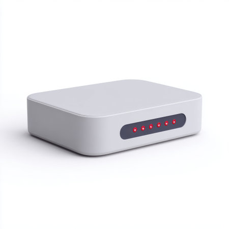 A sleek white router featuring LED indicators on a plain background, symbolizing modern network connectivity and improved internet access for personal or professional use.の素材
