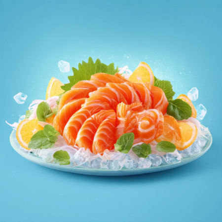 This captivating image features fresh salmon sashimi arranged beautifully with mint and orange slices. Perfect for culinary inspiration and food presentations.の素材