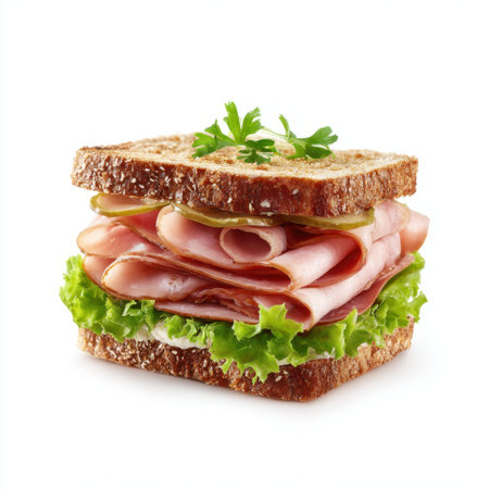 A delectable sandwich featuring layers of ham, crisp lettuce, and tangy pickles nestled between slices of whole grain bread, perfect for any meal.の素材