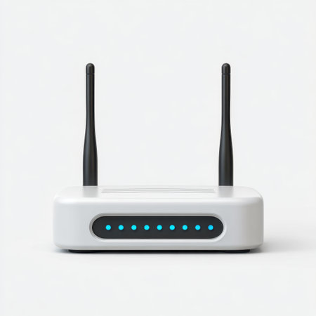 This image features a modern wireless router with LED indicators and dual antennas, designed for efficient home networking and reliable internet connectivity.の素材
