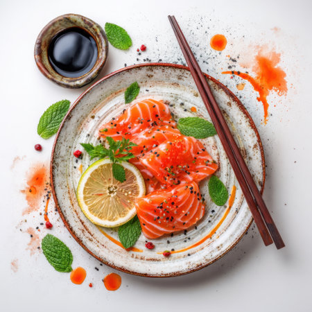 A beautifully arranged plate of fresh salmon sashimi topped with lemon and mint garnishes, surrounded by soy sauce and colorful spices, capturing culinary art.の素材