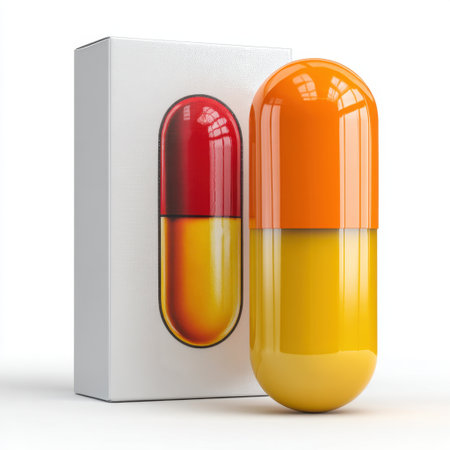 This vibrant mockup features a colorful capsule in orange and red alongside its sleek packaging, ideal for representing health and pharmaceutical concepts.の素材