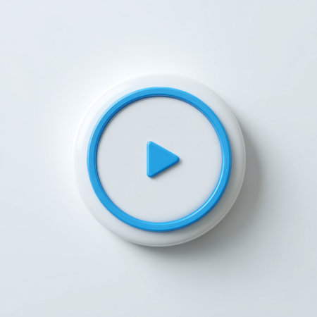 This image features a modern circular play button design in a vibrant blue color against a clean white background, perfect for digital media applications.の素材