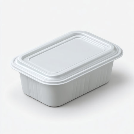 This white plastic food container features a secure lid and a simple design perfect for meal preparation, storage, and easy transportation of food items.の素材