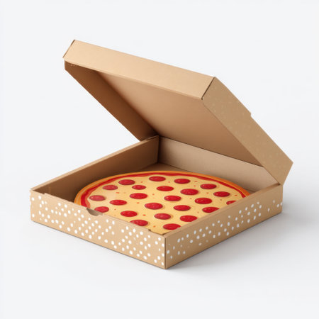 An appealing image of a freshly baked pepperoni pizza inside an open delivery box, perfect for showcasing culinary delights and takeout options.の素材