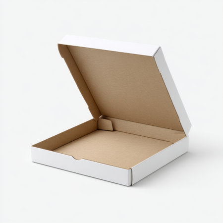 This image features an empty white cardboard box with an open lid, revealing a plain brown interior. Ideal for packaging, storage, or display purposes, this minimalistic design offers versatility for various uses.の素材