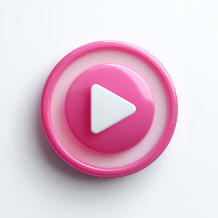 This vibrant pink play button icon features a glossy finish on a clean white background, perfect for use in digital media applications and creative projects.の素材