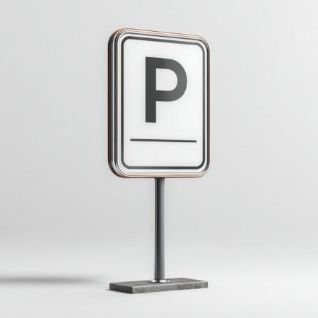 A striking urban parking sign displayed on a sleek, minimalist grey background, designed for easy visibility in public spaces and city environments.の素材