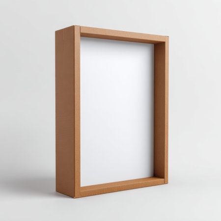 A minimalistic empty cardboard frame stands against a plain background, ideal for showcasing artwork or design mockups. Perfect for presentations.の素材