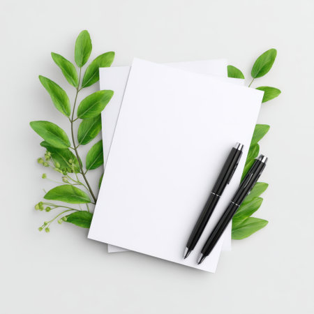 A serene flat lay featuring vibrant green leaves alongside blank white sheets and black pens on a clean desk. Ideal for creative projects and inspiration.の素材