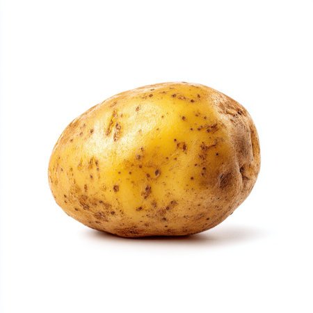 A freshly harvested organic potato showcasing a natural yellow hue with earthy speckles, perfect for culinary creations or food photography.の素材