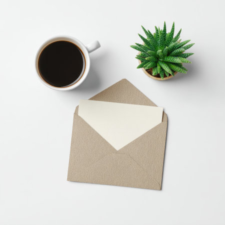 A serene workspace setup showcases a brown envelope, a steaming cup of coffee, and a vibrant succulent plant, perfect for promoting creativity and relaxation.の素材