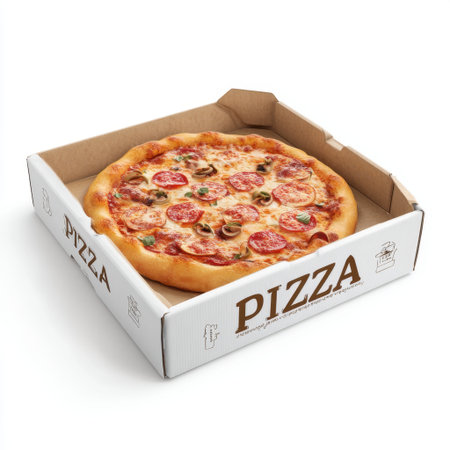 This image showcases a freshly baked pepperoni pizza with mushrooms and cheese in a takeout box. Perfect for showcasing culinary delights or fast food offerings.の素材