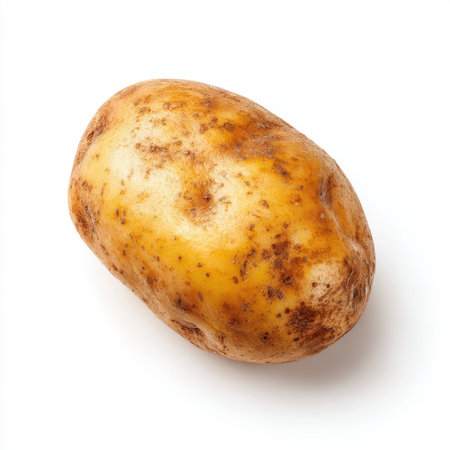 A freshly harvested whole potato with a rustic appearance, set against a clean white background, perfect for culinary-themed projects and food content.の素材