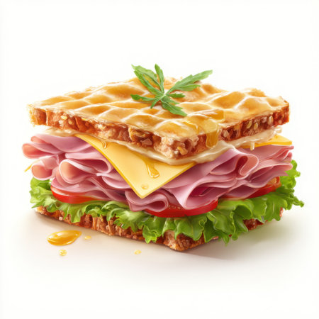 A visually striking sandwich showcasing layers of ham, cheese, fresh greens, and tomato, perfectly balanced by a drizzle of honey on a waffle base.の素材
