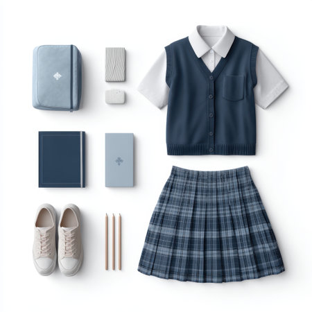 A neatly arranged flatlay of a student uniform featuring a sweater, plaid skirt, and shoes alongside essential school accessories. Ideal for education themes.の素材