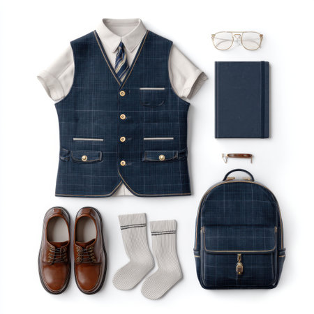 This image showcases a stylish formal attire layout featuring a navy vest, shirt, tie, brown shoes, socks, a backpack, and accessories, ideal for fashion planning.の素材