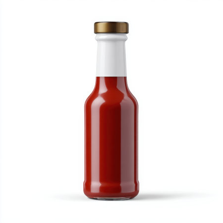 A classic glass bottle of tomato ketchup with a sleek design featuring a gold cap and white label against a clean white backdrop, perfect for food styling.の素材