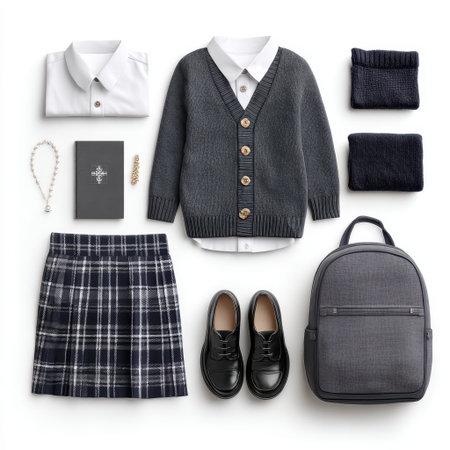 This flatlay showcases essential school uniform items including a cardigan, skirt, shirt, shoes, and accessories, perfect for students preparing for classes.の素材
