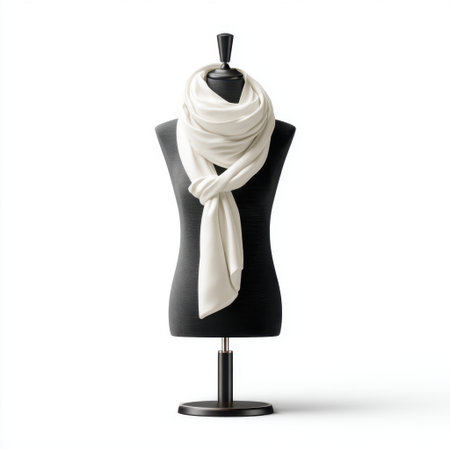 This image features an elegant white scarf elegantly draped on a mannequin against a minimalist backdrop, perfect for showcasing high-quality textile designs and fashion accessories.の素材