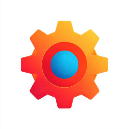 This vibrant gear icon features a striking blue circle at its center, symbolizing innovation and technology. Ideal for digital and print projects.の素材