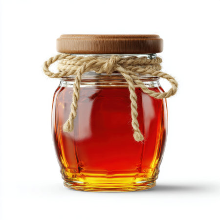This image presents a glass jar filled with golden honey, elegantly tied with natural twine, evoking a rustic charm perfect for culinary projects. The warm tones and simple design highlight the organic qualities of this sweet treat, making it ideal for recipes, nutrition, and decor.の素材