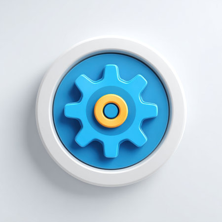 This vibrant 3D gear icon features a light blue and orange design against a clean background, symbolizing technology and innovation in modern applications.の素材