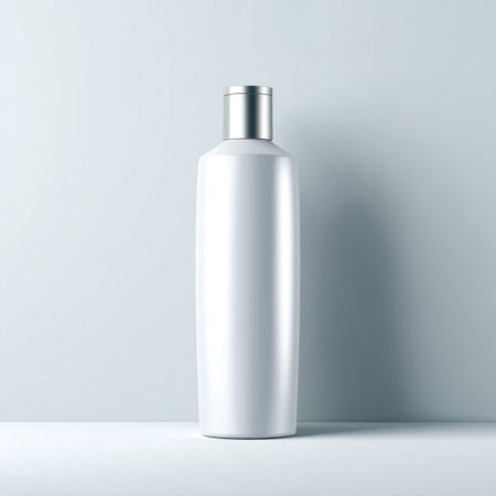 A sleek, elegant white bottle featuring a silver cap, set against a soft light background, ideal for showcasing beauty or health products in a minimalist style.の素材