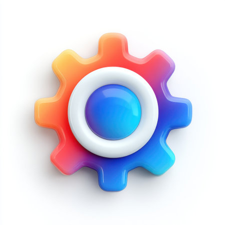 This vibrant gear icon features a smooth gradient with a central circular element. Ideal for technology, app design, and user interfaces.の素材