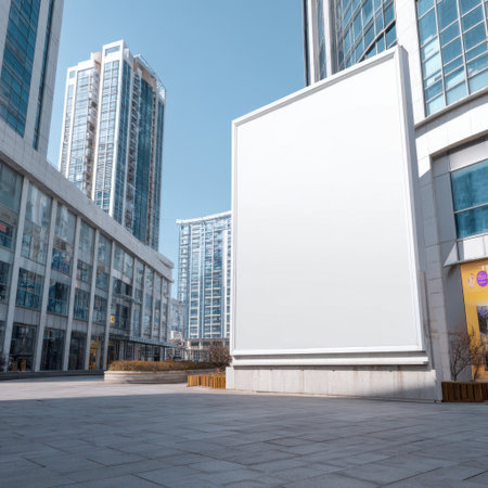 A blank billboard stands in an urban area, surrounded by modern high-rise buildings under a clear blue sky. It offers a clean space for advertising.の素材