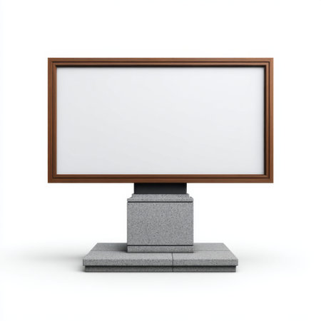 This image features an empty outdoor billboard with a wooden frame and gray stone base, set against a white background. Perfect for advertising and marketing needs.の素材