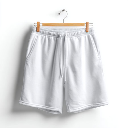 A pair of white athletic shorts hangs on a wooden hanger, showcasing a clean and minimalist design ideal for sports and casual activities.の素材
