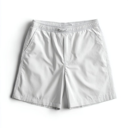 Light gray swim shorts featuring an elastic waistband and side pockets, perfect for beach outings or casual summer days. Ideal for various activities.の素材