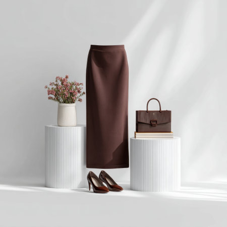 This sophisticated image features an elegant brown skirt alongside stylish accessories displayed on minimalistic white pedestals, showcasing modern fashion aesthetics.の素材